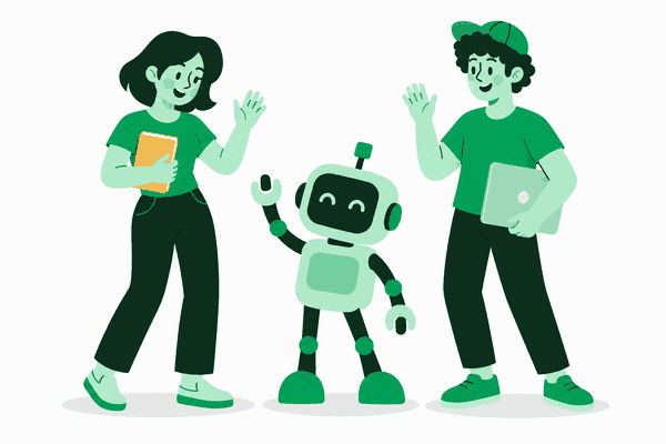 Two people and the Karrow robot wave hello.